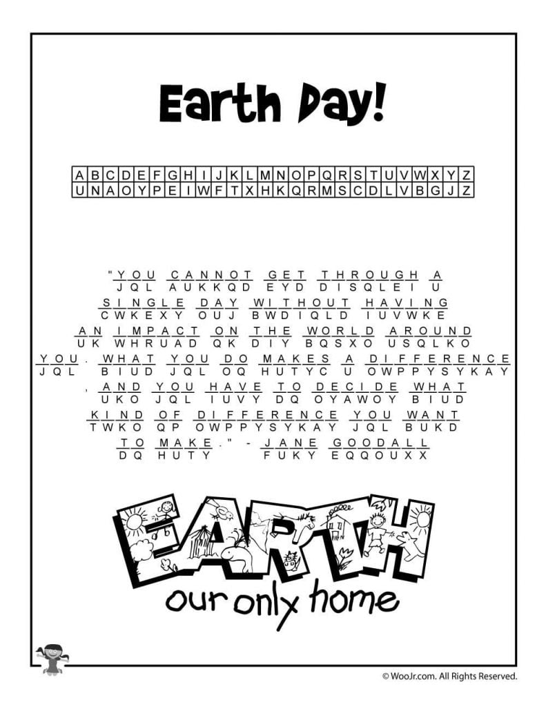 Earth Day Cryptogram Puzzle Solution Woo Jr Kids Activities Children s Publishing Printable Puzzles Word Puzzles Printable Crossword Puzzles