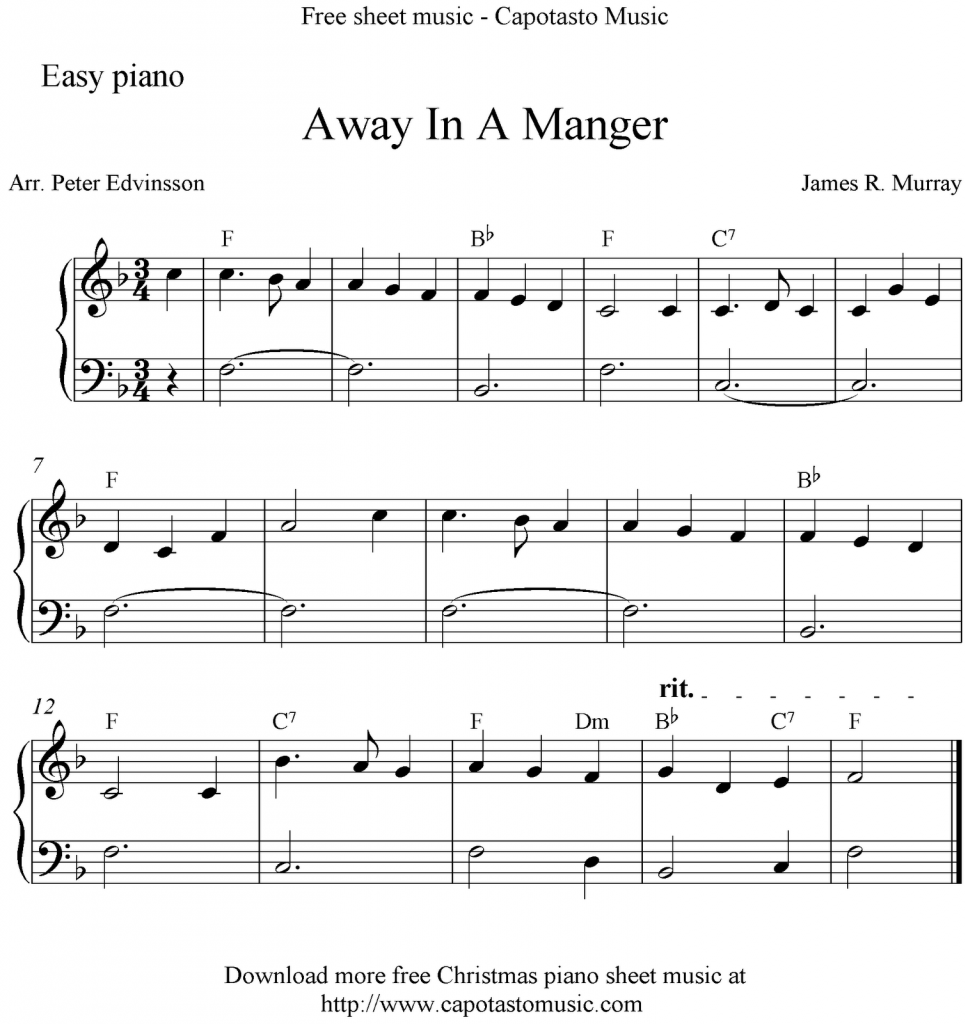 Easy Piano Arrangement By Peter Edvinsson Of The Christmas Carol Away In Manger Free Printable Christm Christmas Piano Sheet Music Christmas Piano Sheet Music