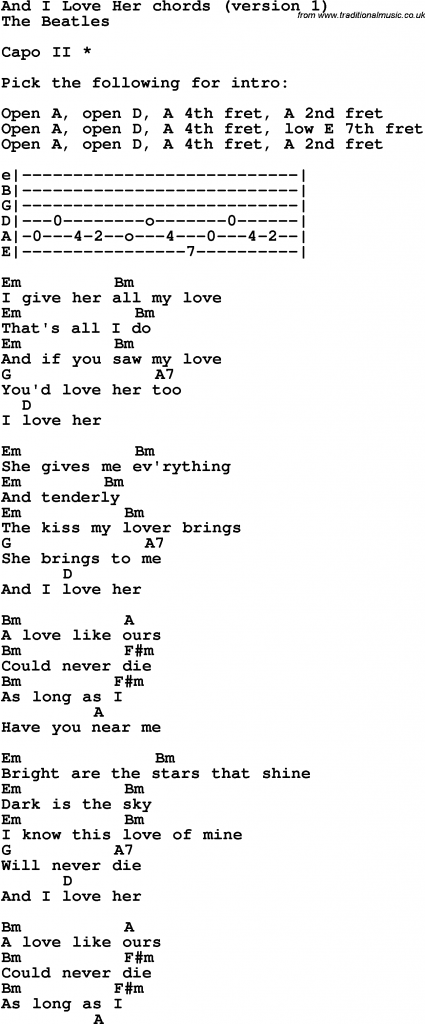 Song Lyrics With Guitar Chords For And I Love Her Guitar Chords And Lyrics Guitar Chords Guitar Songs