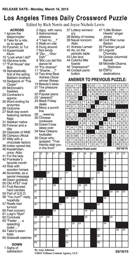Sunday Crossword Puzzle Printable Ny Times Syndicated Answers Free 