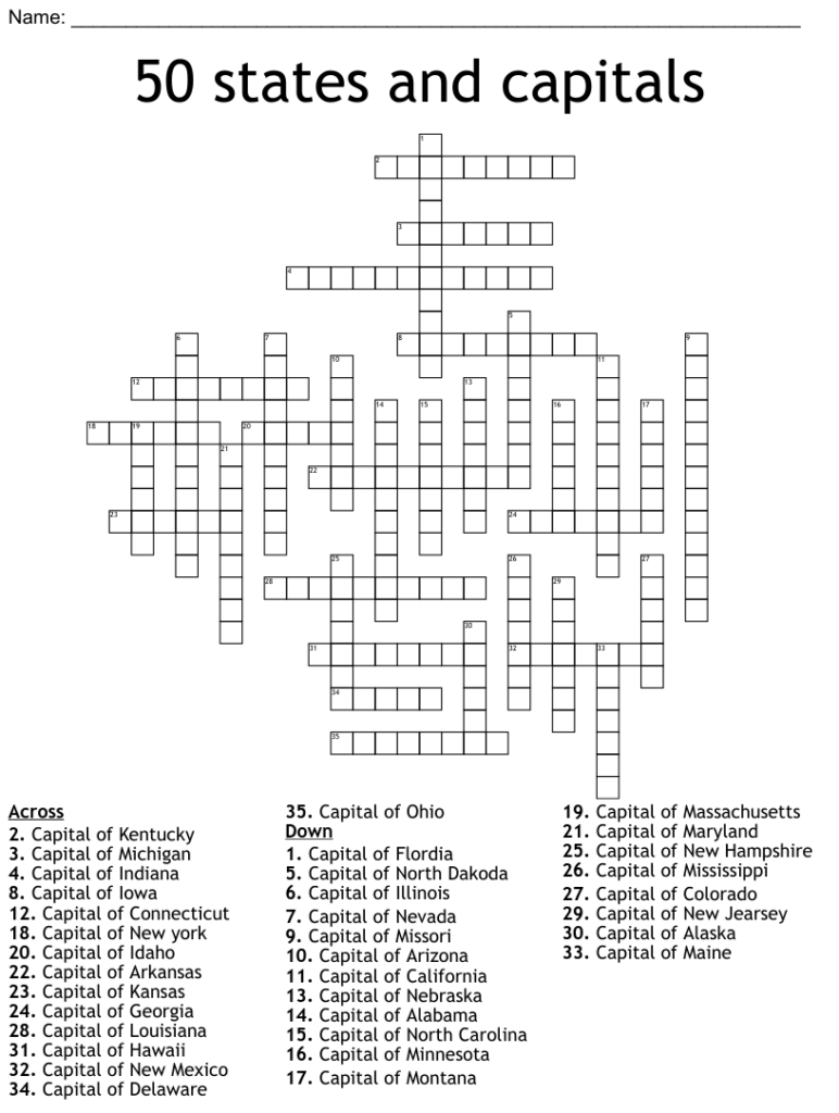50 States And Capitals Crossword WordMint