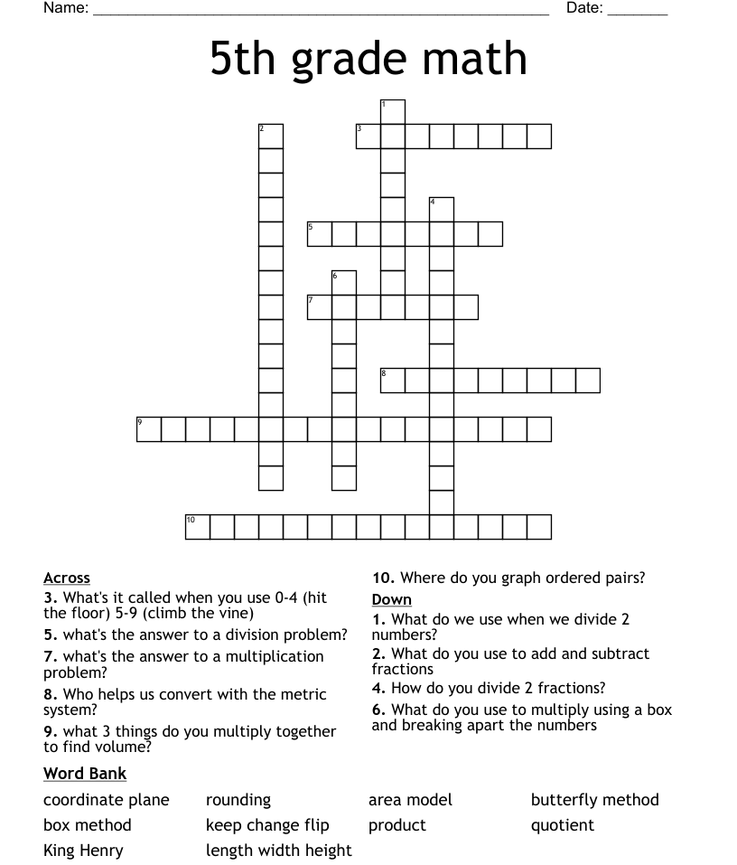 5th Grade Math Crossword WordMint