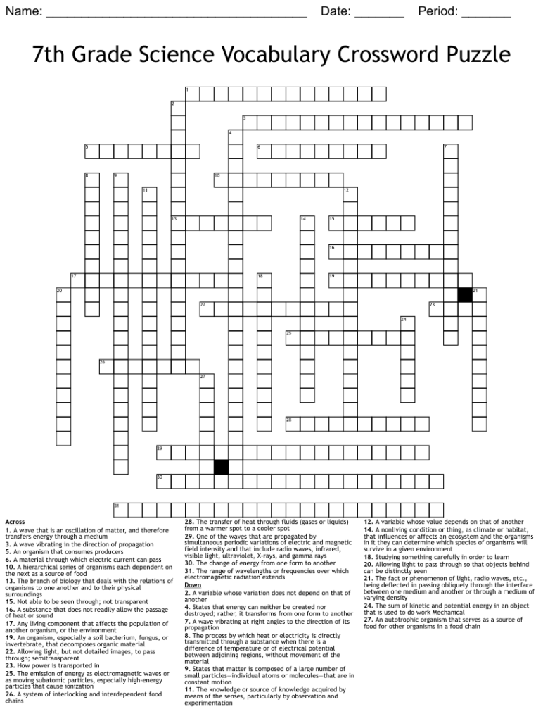 7th Grade Science Matter Crossword Printable