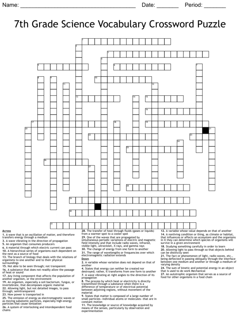 7th Grade Science Vocabulary Crossword Puzzle WordMint