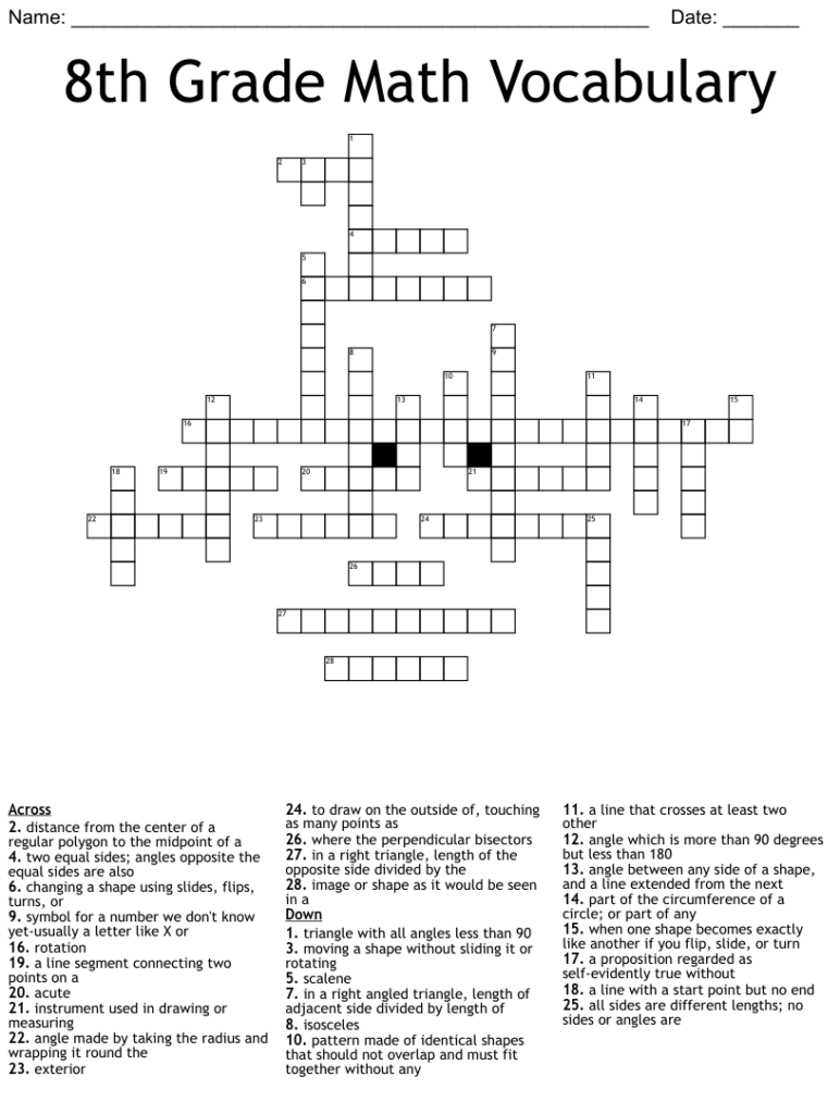 8th Grade Math Crosswords Printable