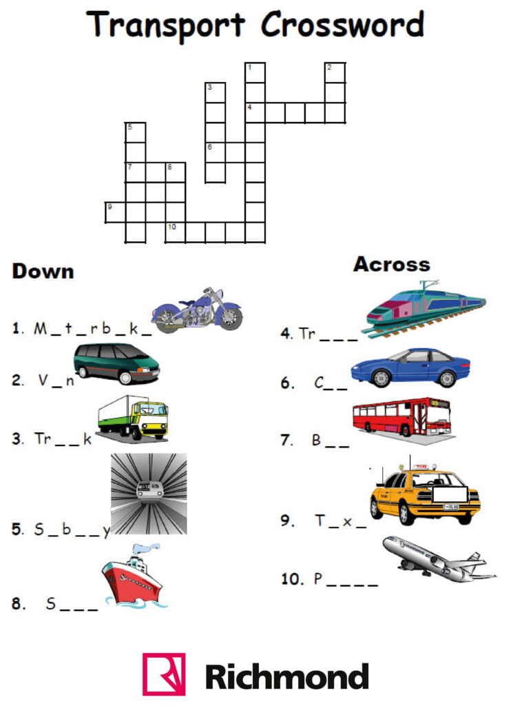 Activities Transport Crossword Worksheets For Kids Esl Transportation