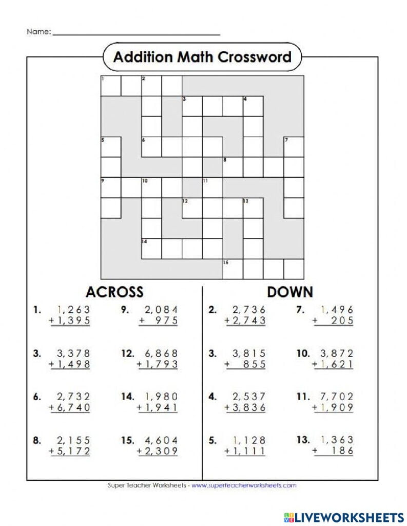 Addition Math Crosswords Worksheet