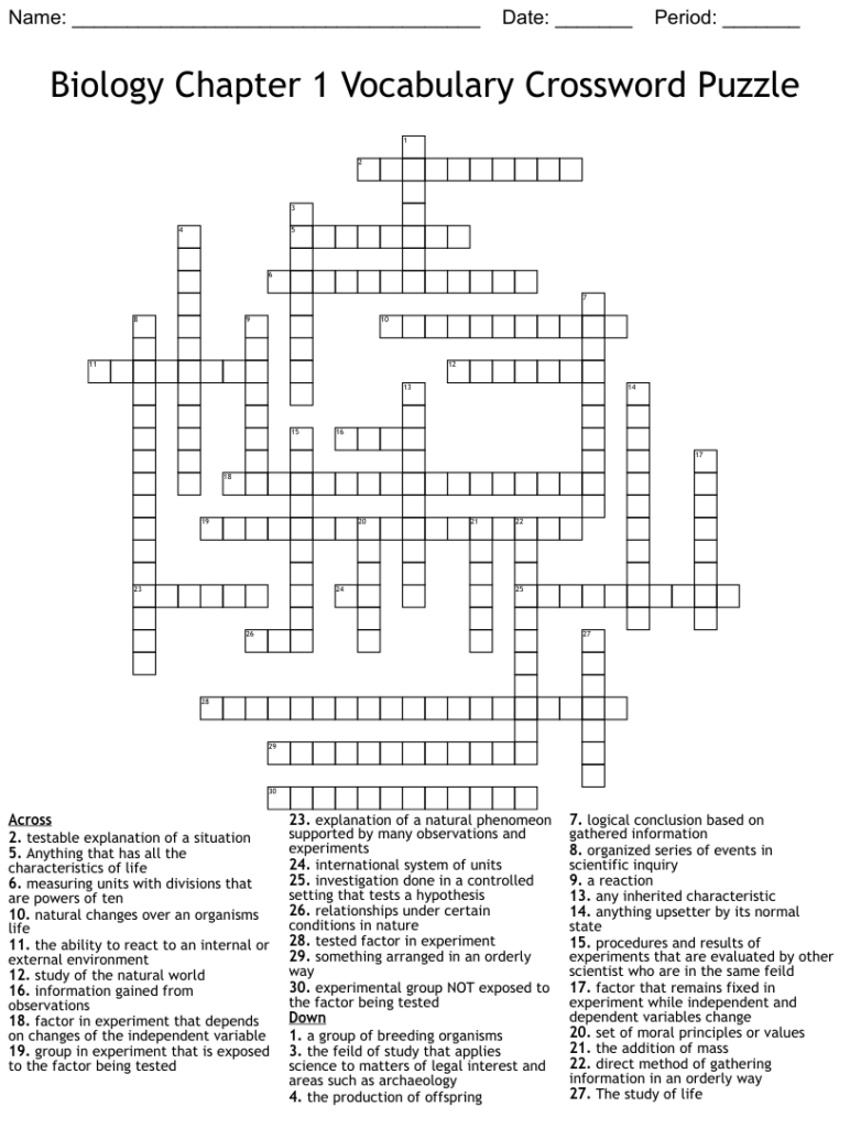 11th Grade Science Biology Crossword Printable