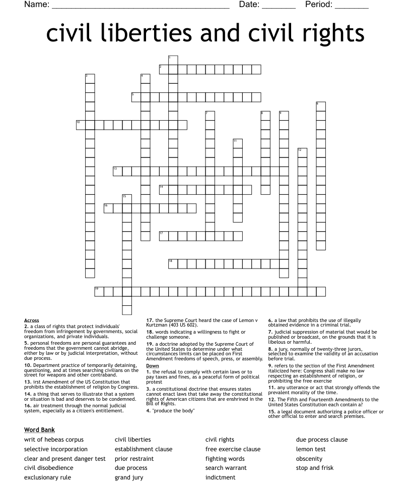 5th Grade Social Studies Civil Rights & Citizenship Crossword Printable
