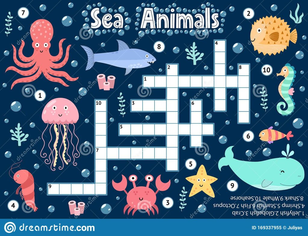 Crossword Puzzle Game Of Sea Animals For Kids Underwater Logical Activity Sheet Stock Vector Illustration Of Crosword Life 169337955