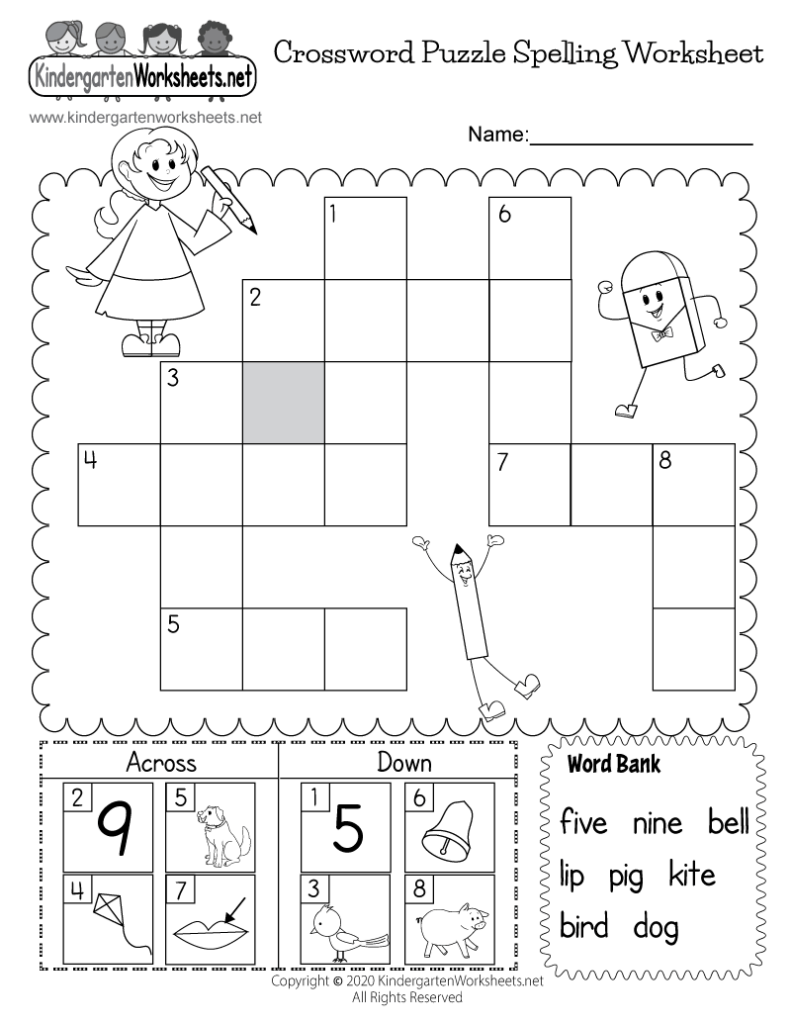 Crossword Puzzle Spelling Worksheet For Kindergarten Free Printable 