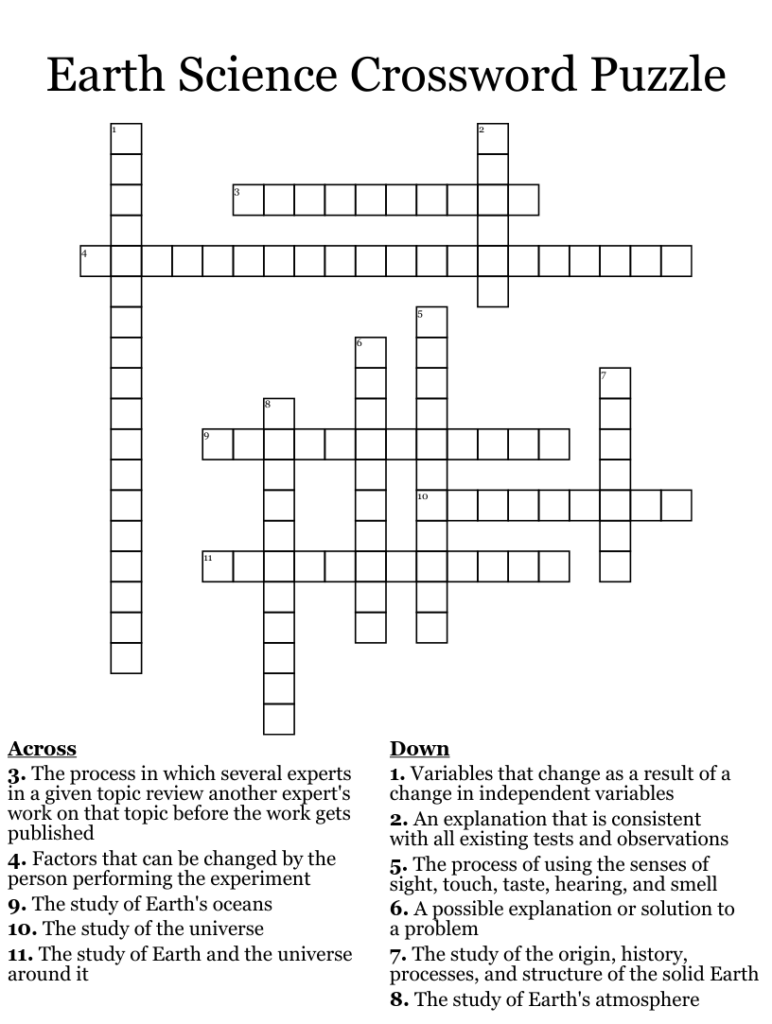 6th Grade Science Earth Science Crossword Printable