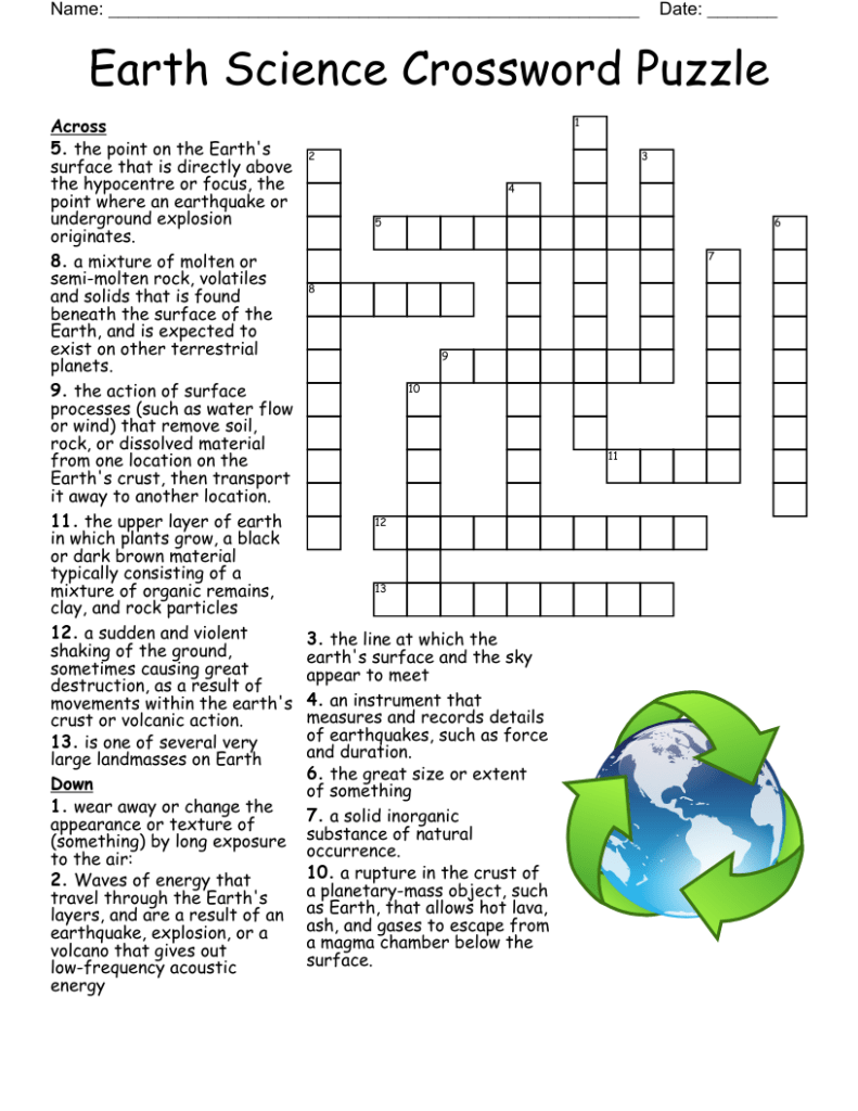 3rd Grade Science Earth Science Crossword Printable