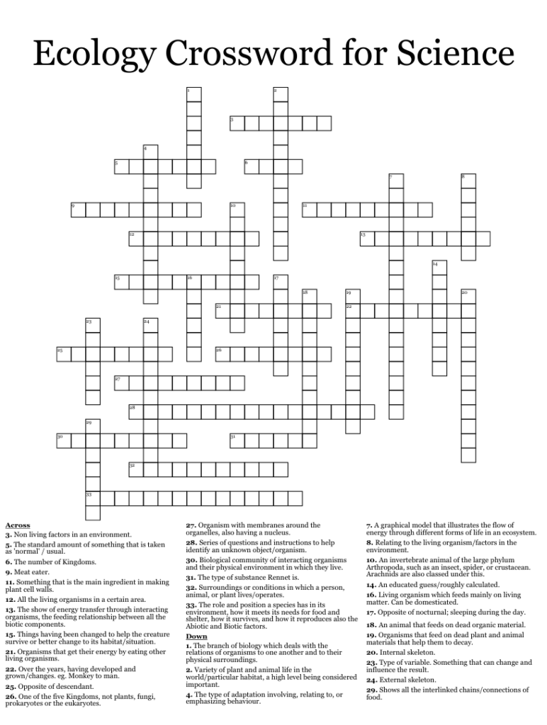 Ecology Crossword For Science WordMint