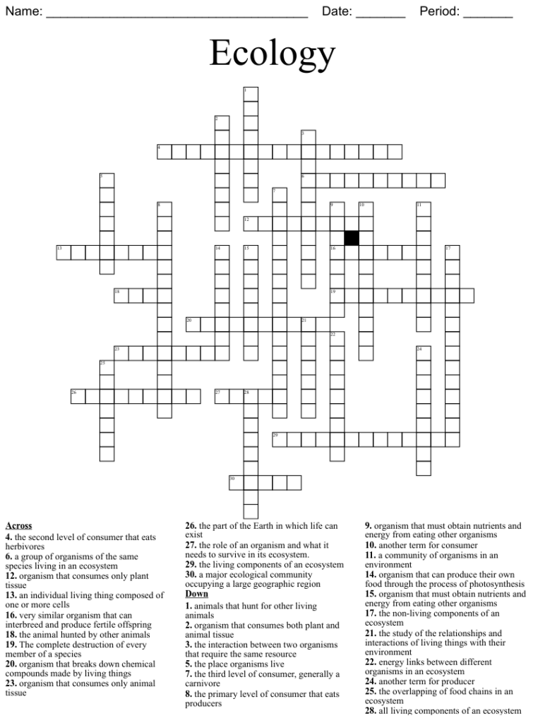 9th Grade Science Ecology Crossword Printable