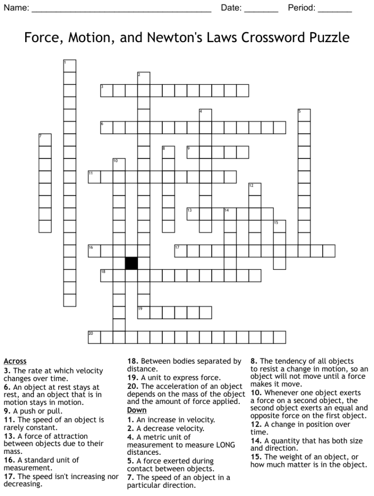 2nd Grade Science Motion Crossword Printable