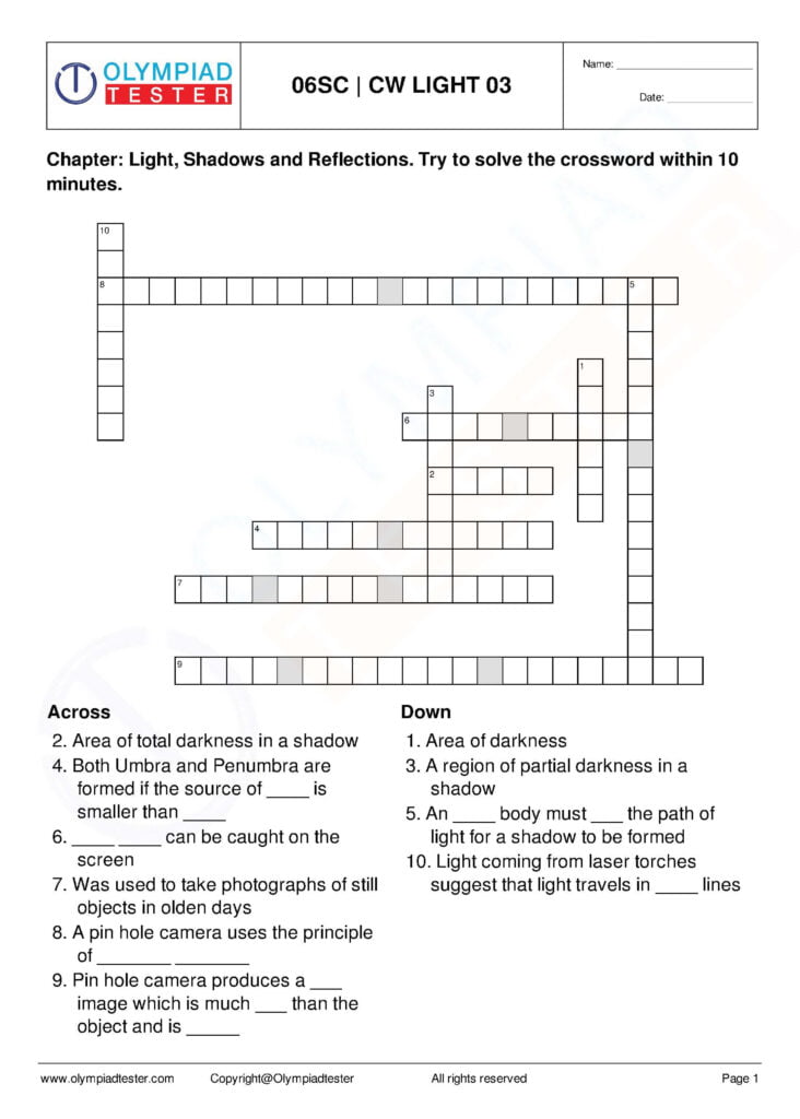 6th Grade Science Crosswords Printable
