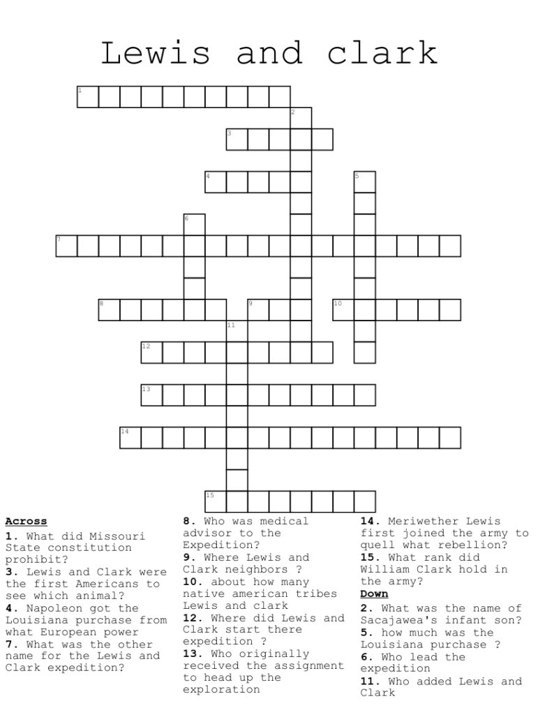 Lewis and Clark and Me Crossword Printable