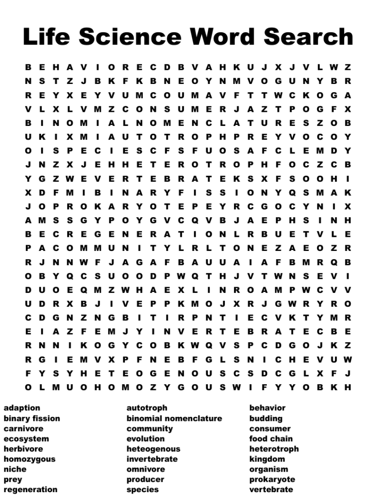 Life Science Word Search WordMint