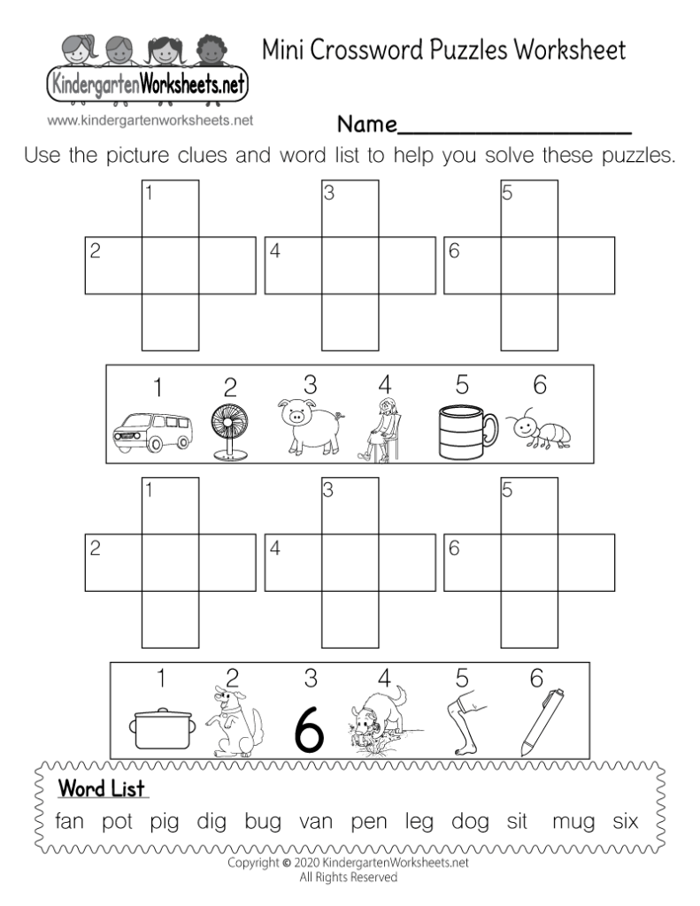 Mini Crossword Puzzles Spelling Practice Worksheet For Kindergarten