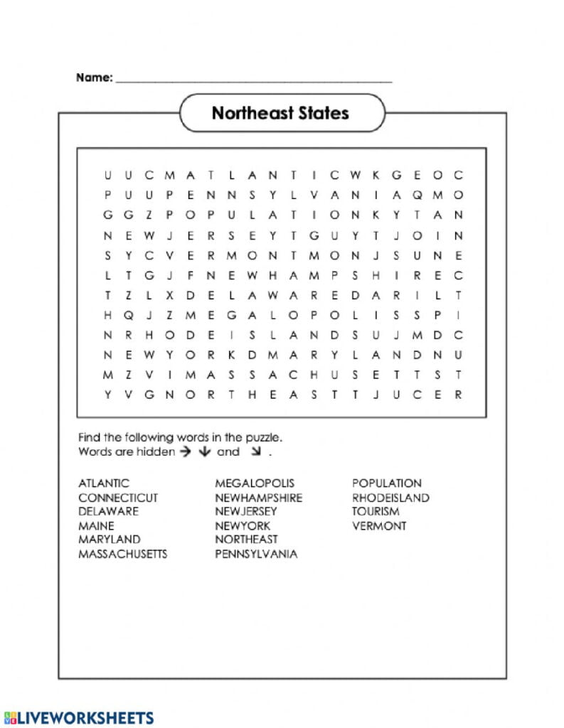 Northeast States Crossword Worksheet