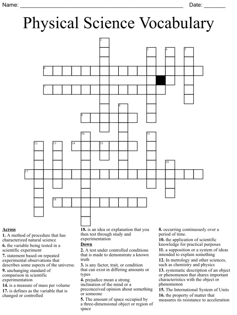 Physical Science Vocabulary Crossword WordMint