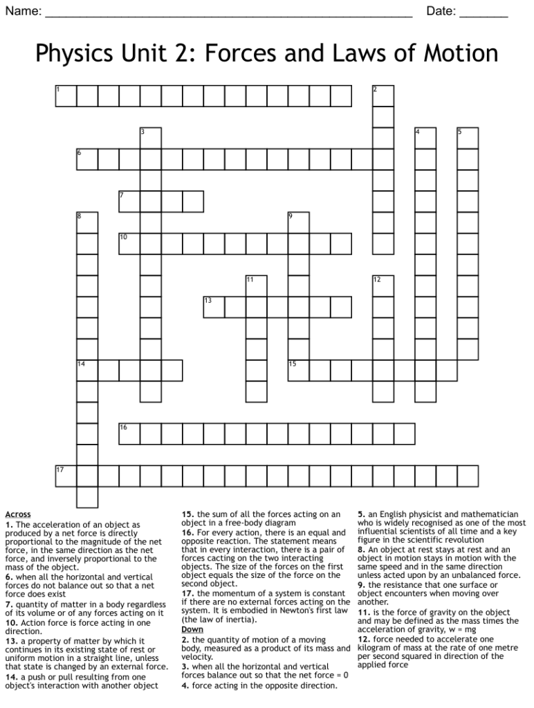 Physics Unit 2 Forces And Laws Of Motion Crossword WordMint
