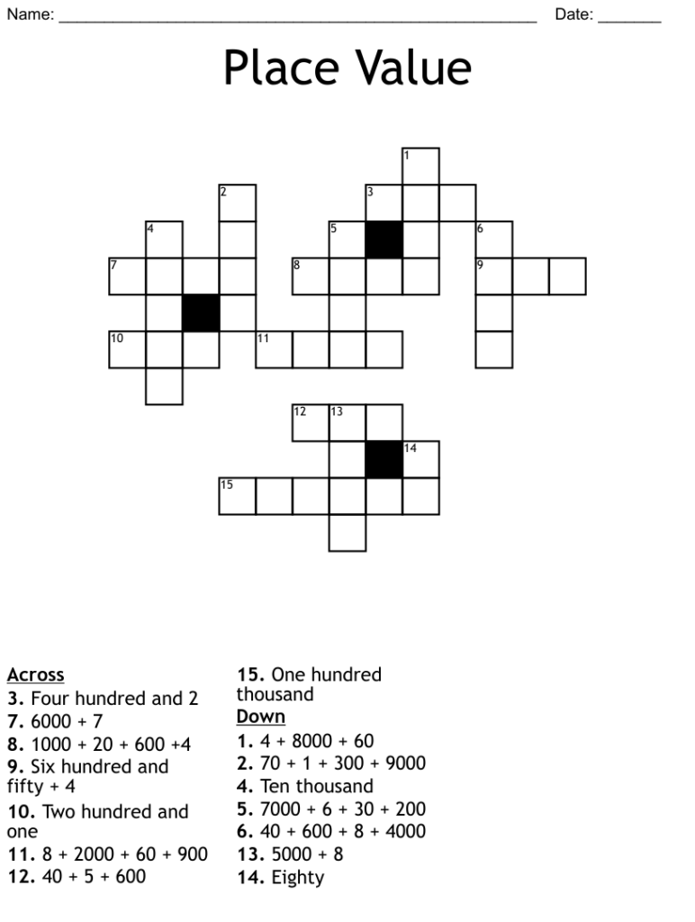 4th Grade Math Base Ten Crossword 3 Printable