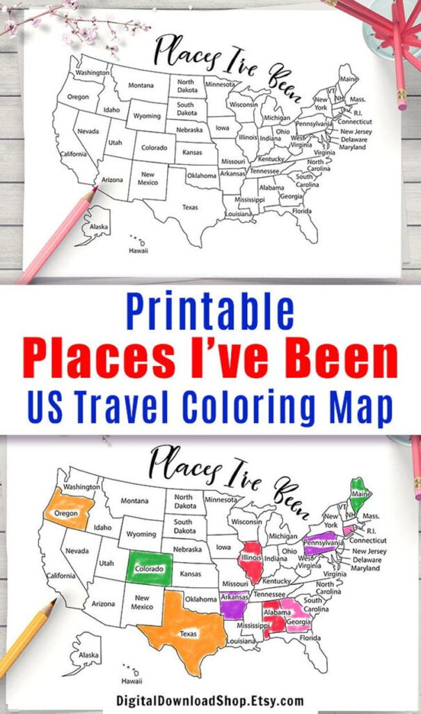 Places I ve Been Map Coloring Page Printable USA Map Etsy United States Travel Map Maps For Kids United States Map