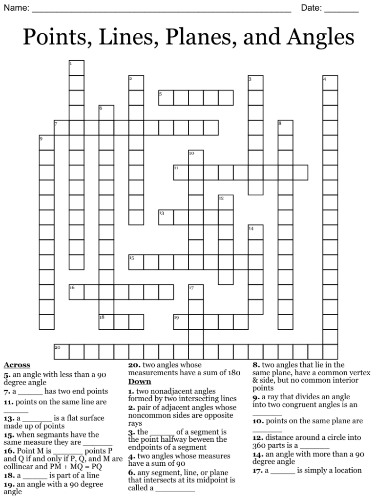 6th Grade Math Lines Crossword Printable