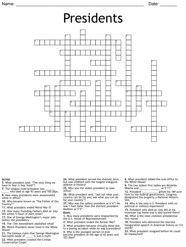 Presidents Crossword WordMint