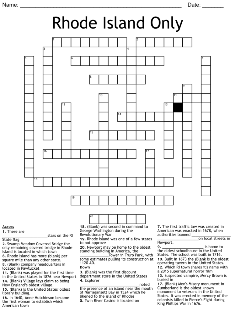 Rhode Island Only Crossword WordMint