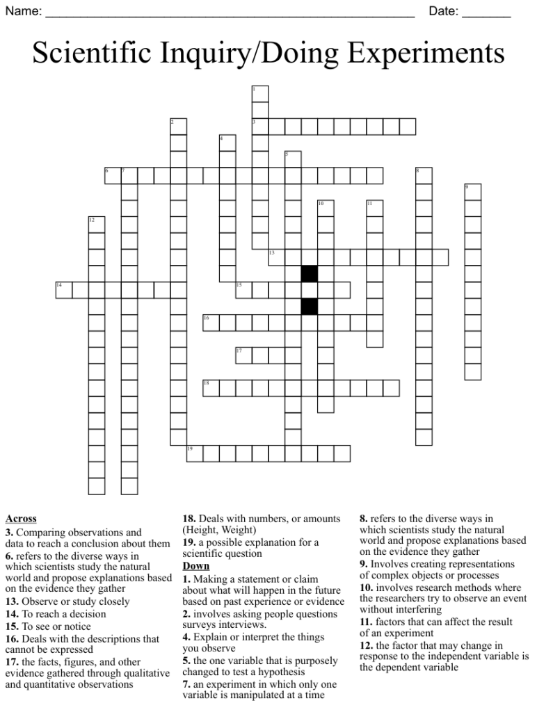 1st Grade Science Scientific Inquiry Crossword Printable