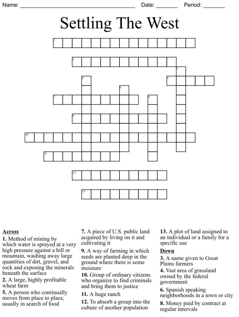3rd Grade Social Studies America Moving West Crossword Printable