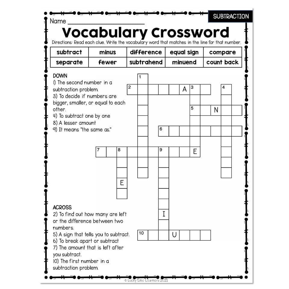 Small Group And Intervention Math Kit Instructional Resources Operations And Algebraic Thinking Crossword Subtraction Lucky Little Learners