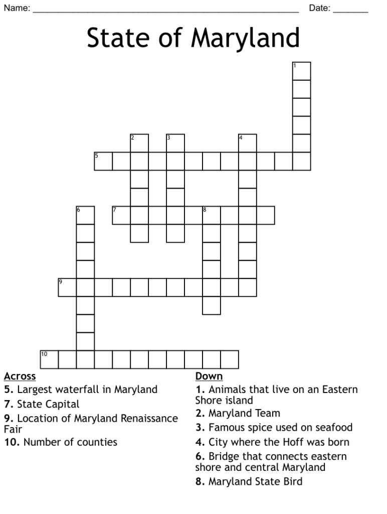 State Of Maryland Crossword WordMint