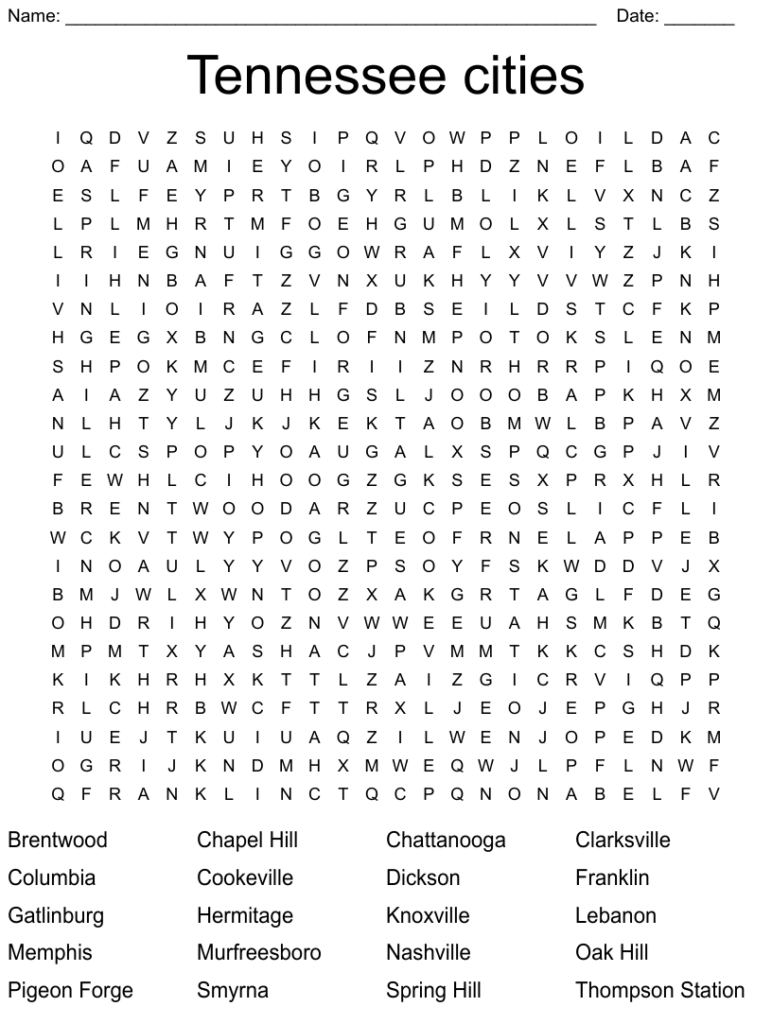 Tennessee Cities Word Search WordMint