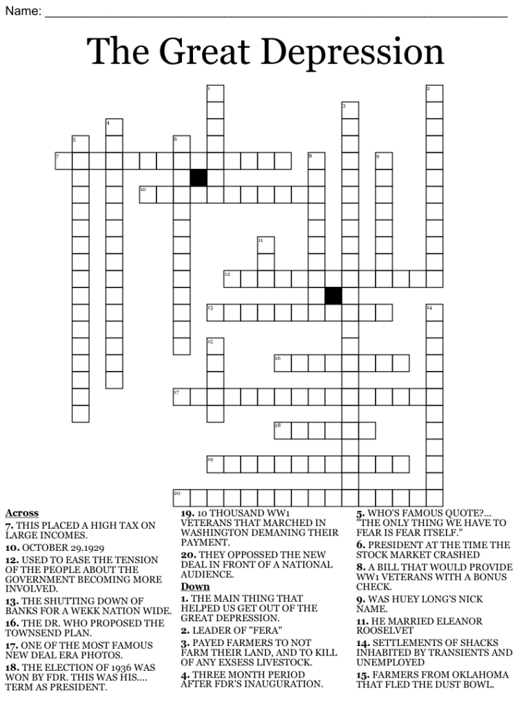 5th Grade Social Studies World War I & The Great Depression Crossword Printable