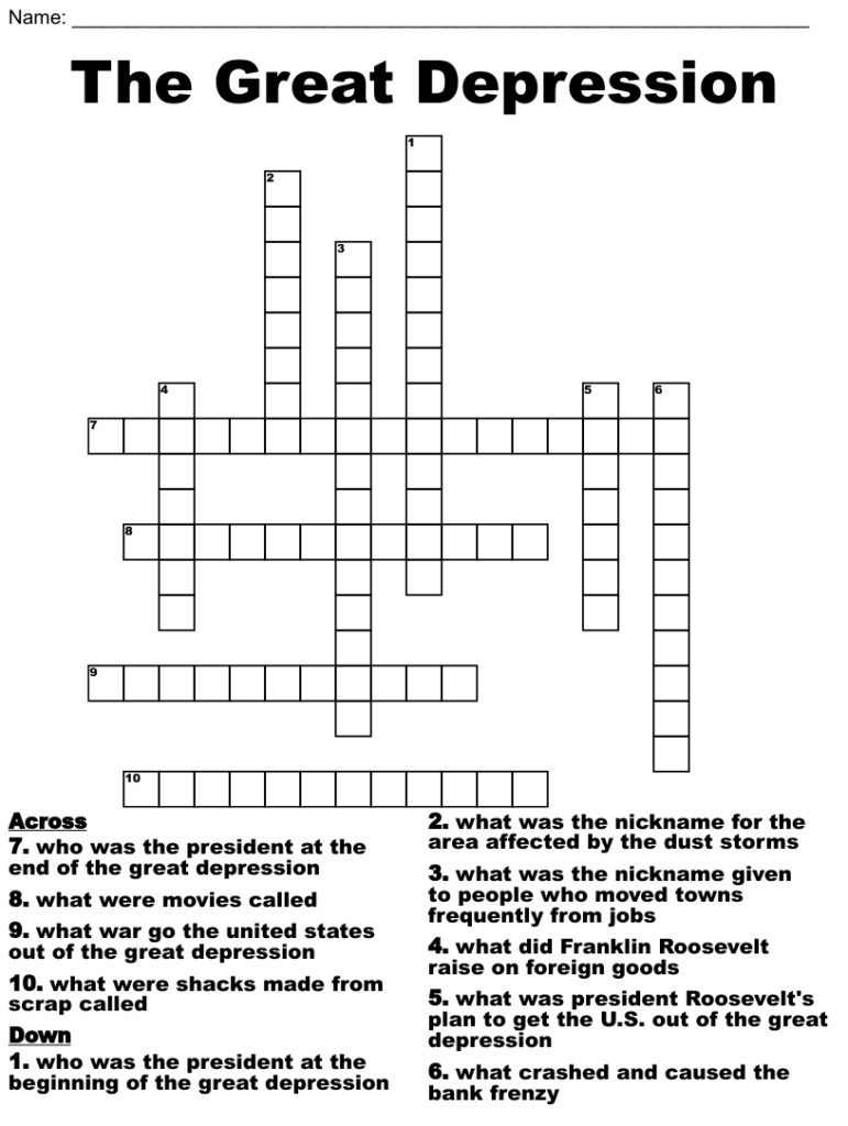 The Great Depression Crossword WordMint