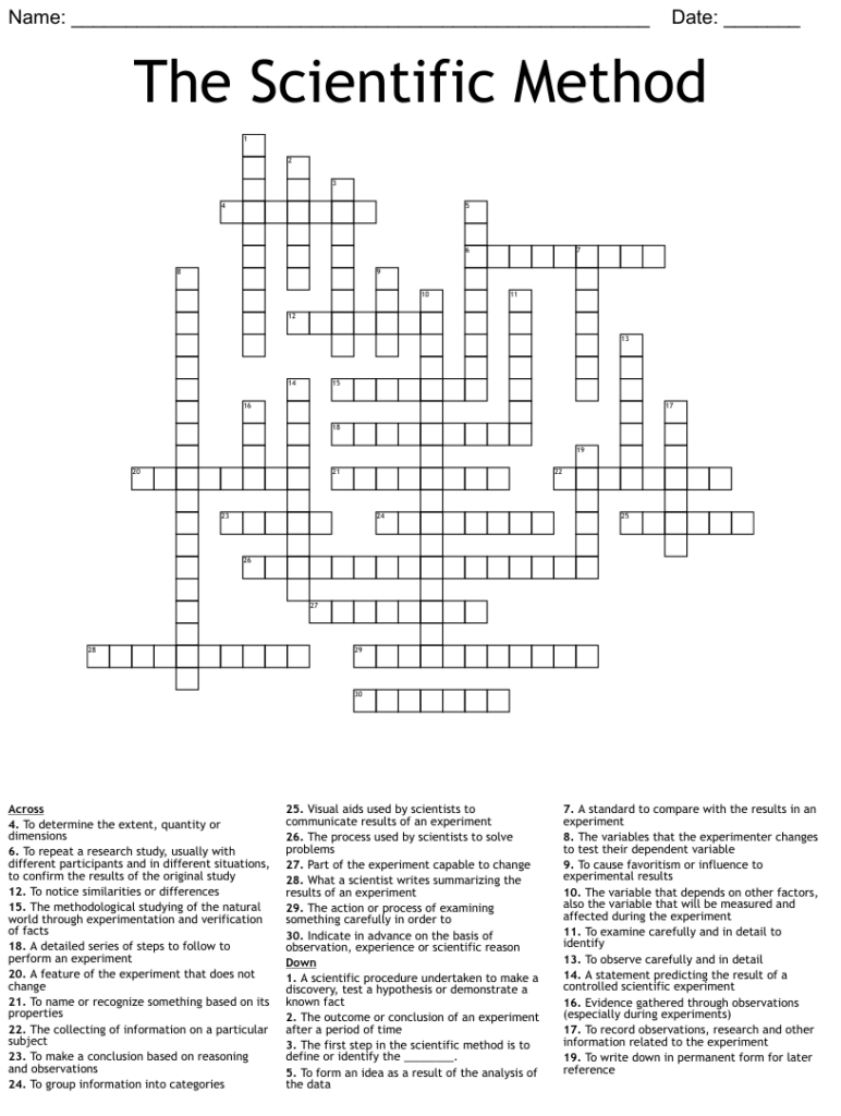 4th Grade Science Scientific Inquiry Crossword Printable