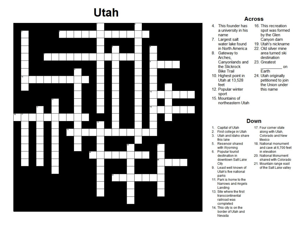 Utah Crossword Puzzle