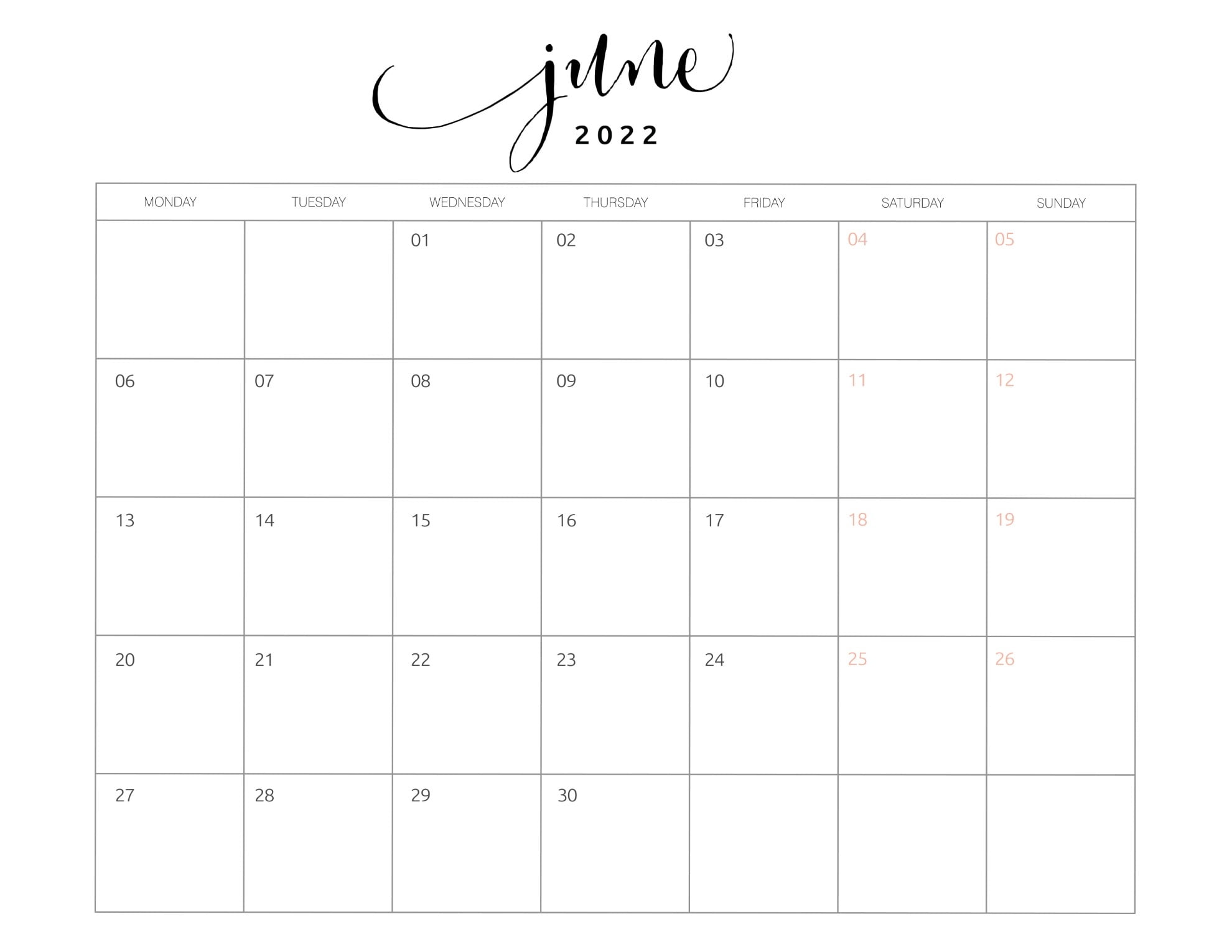 Printable Calendar Monday Start