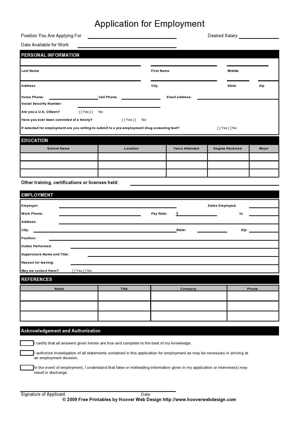 Printable Employment Application Template