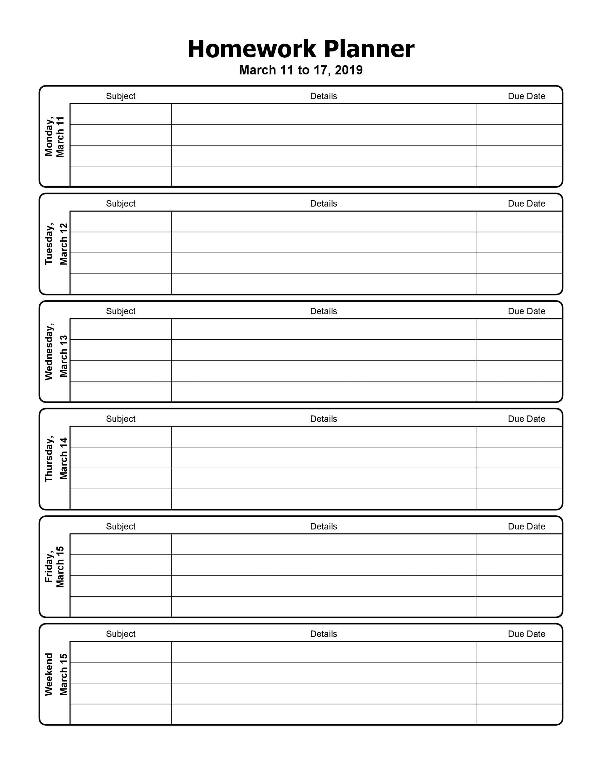 Printable Daily Homework Planner