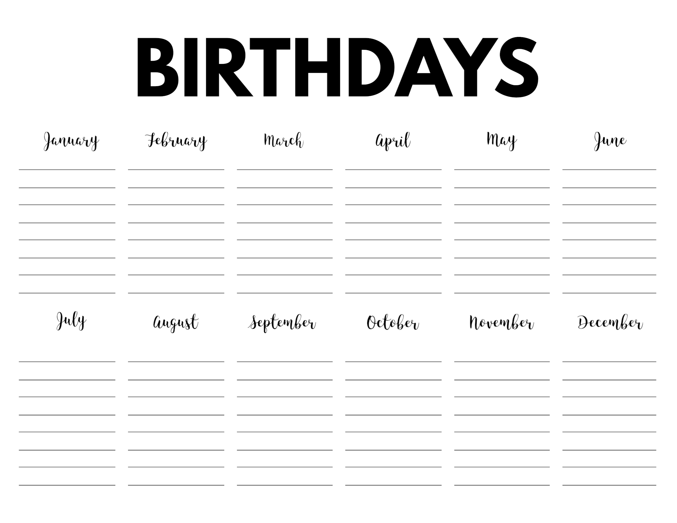 Printable Blank Birthday Calendar