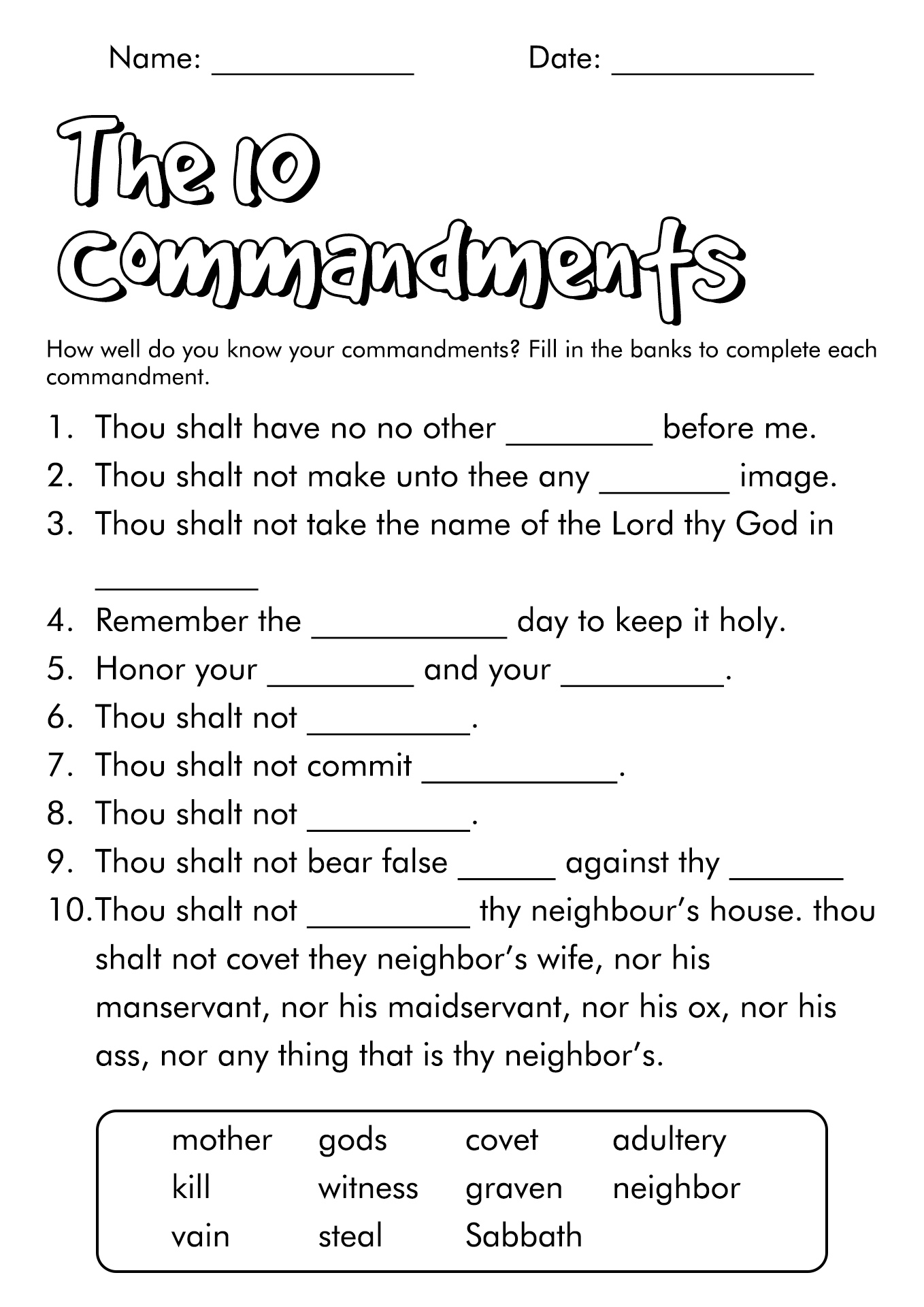 free printable 10 commandments printable worksheets