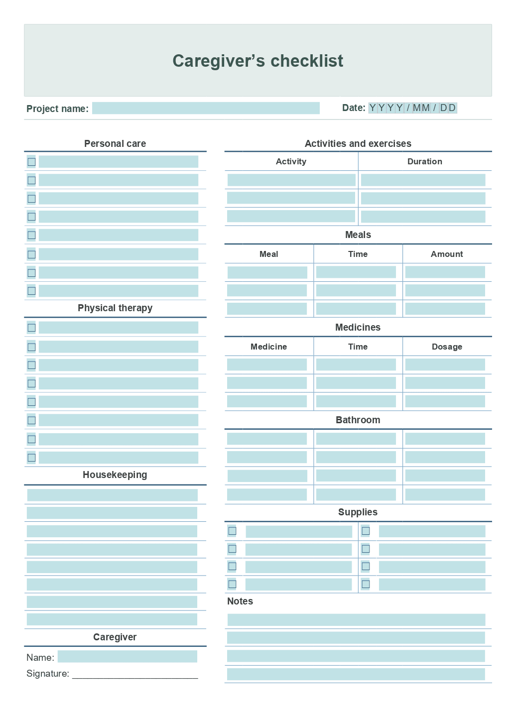 free printable caregiver checklist