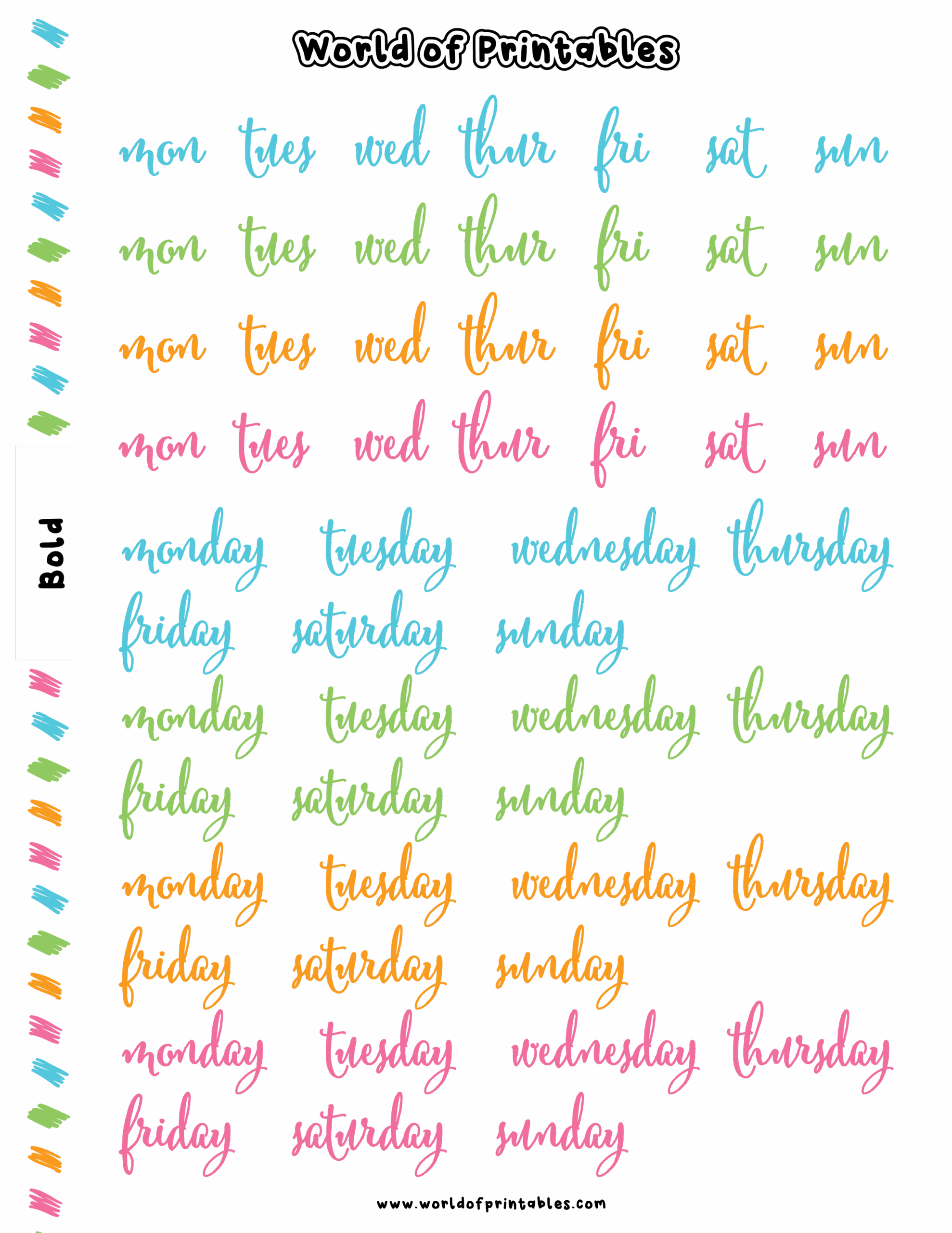 free days of the week printable