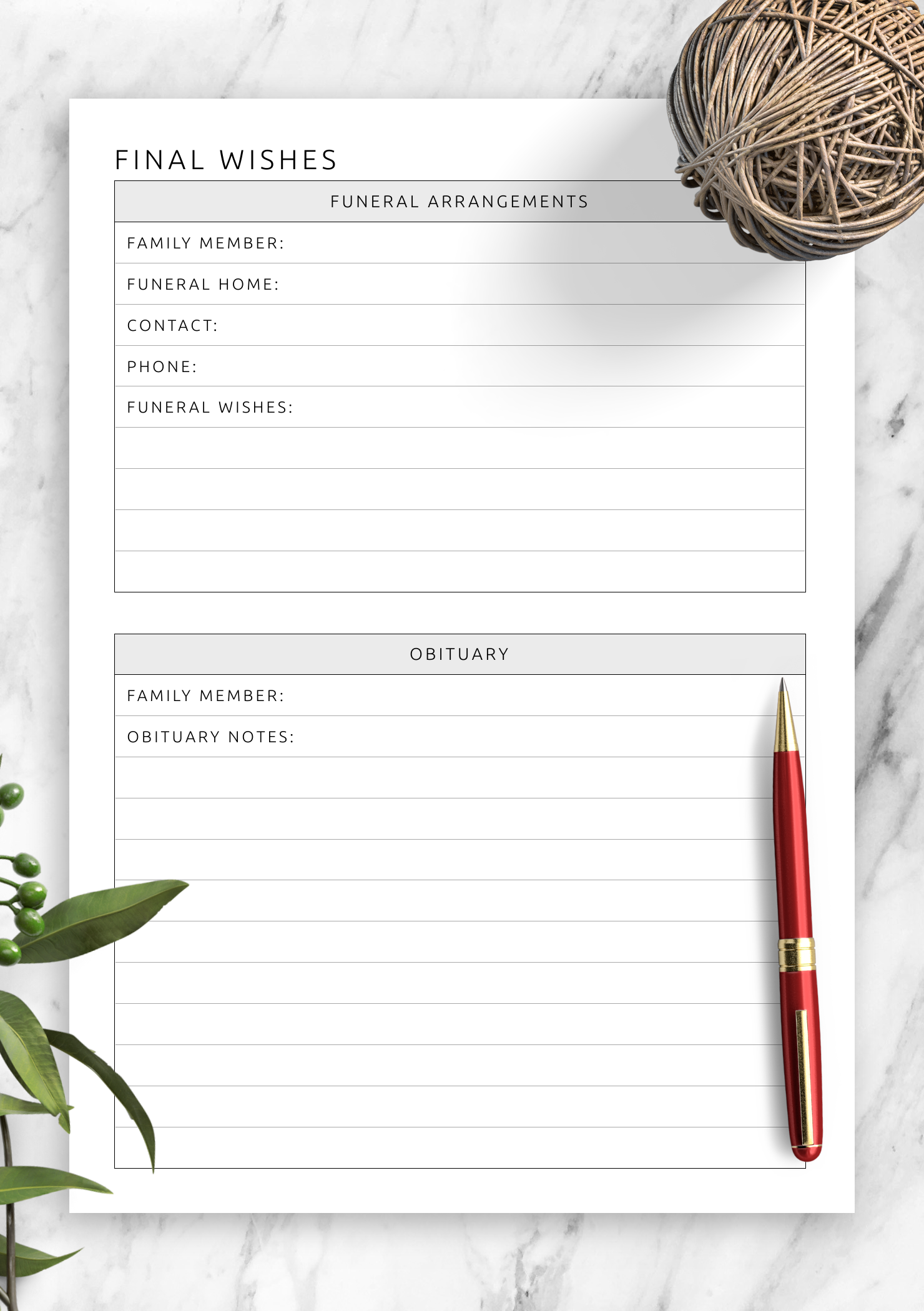 free printable final wishes planner