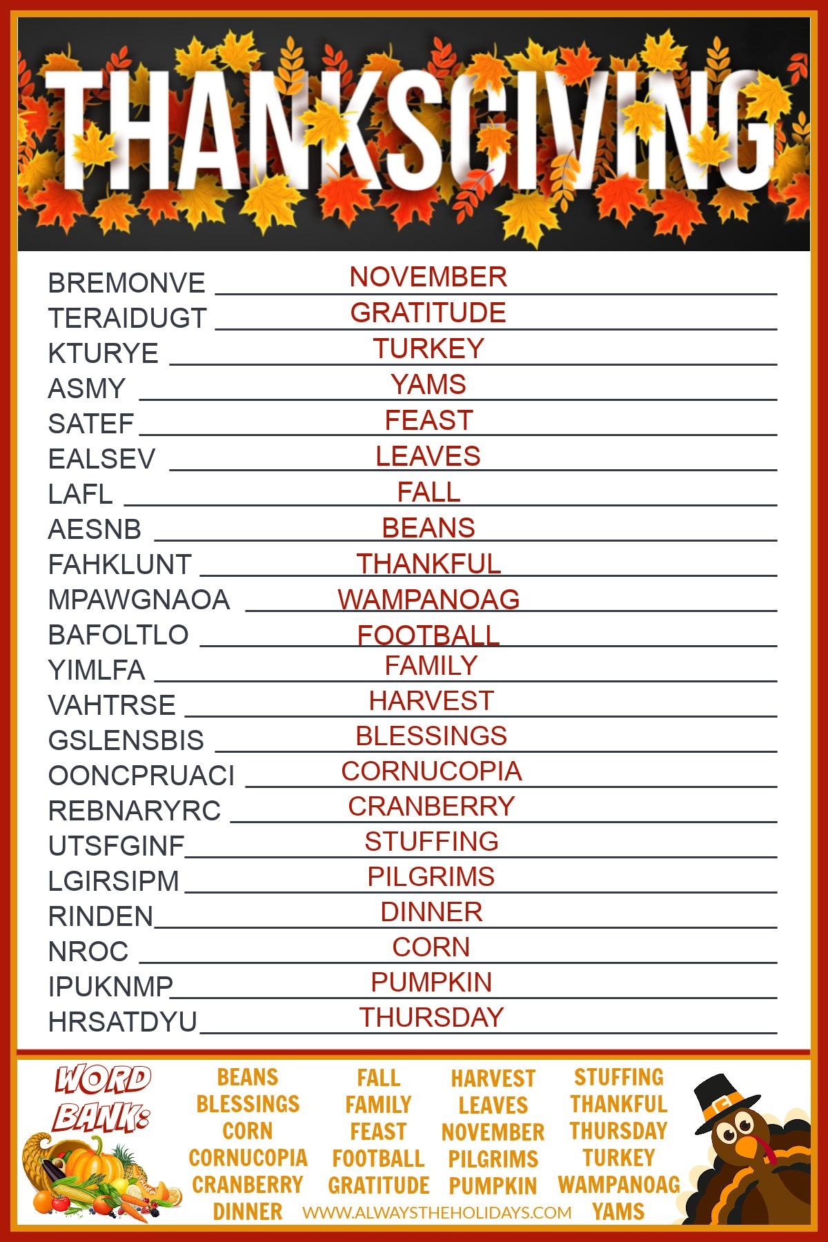 free printable thanksgiving word puzzles